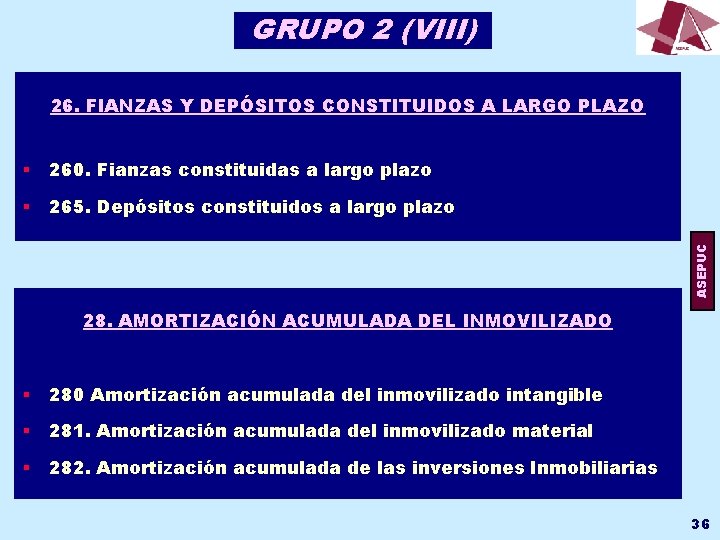 GRUPO 2 (VIII) 26. FIANZAS Y DEPÓSITOS CONSTITUIDOS A LARGO PLAZO 260. Fianzas constituidas