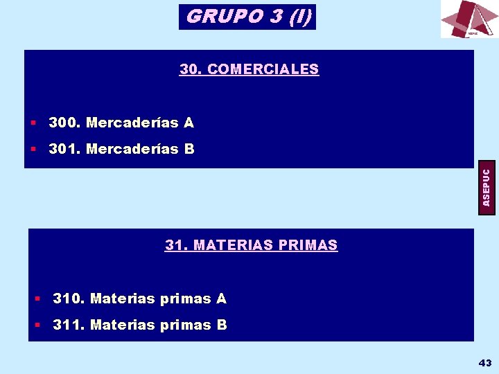 GRUPO 3 (I) 30. COMERCIALES § 300. Mercaderías A ASEPUC § 301. Mercaderías B