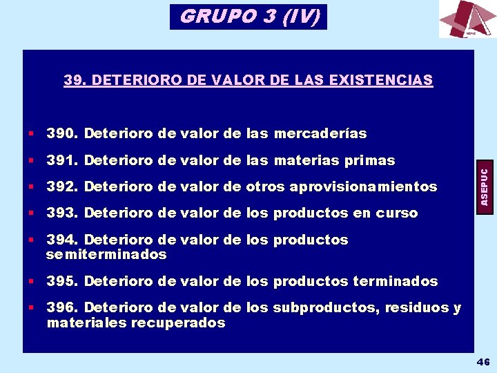 GRUPO 3 (IV) 39. DETERIORO DE VALOR DE LAS EXISTENCIAS § 391. Deterioro de