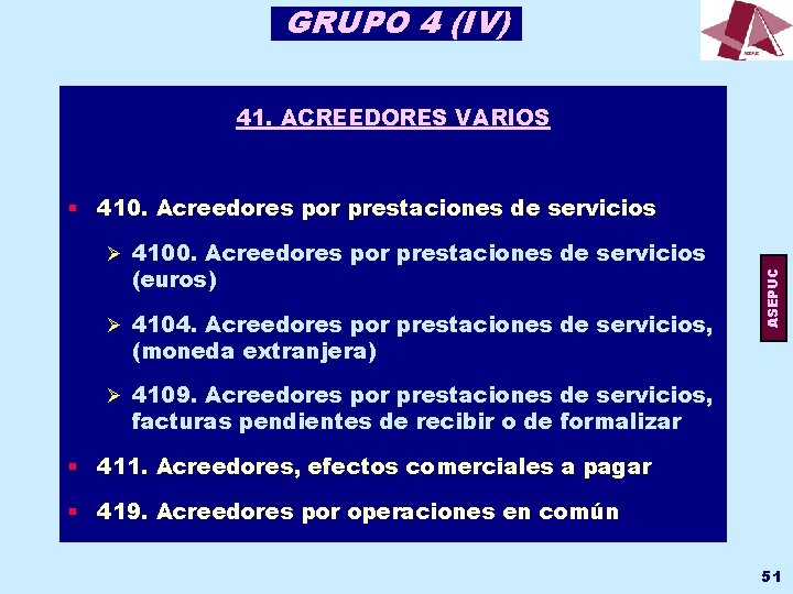 GRUPO 4 (IV) 41. ACREEDORES VARIOS § 410. Acreedores por prestaciones de servicios (euros)