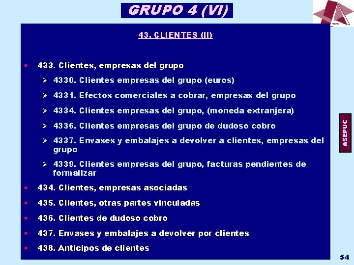 GRUPO 4 (VI) 43. CLIENTES (II) § 433. Clientes, empresas del grupo Ø 4330.
