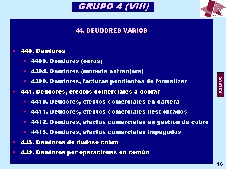 GRUPO 4 (VIII) 44. DEUDORES VARIOS § 440. Deudores § 4400. Deudores (euros) §