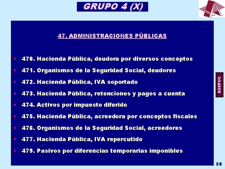 GRUPO 4 (X) § 470. Hacienda Pública, deudora por diversos conceptos § 471. Organismos GRUPO 4 (X) § 470. Hacienda Pública, deudora por diversos conceptos § 471. Organismos