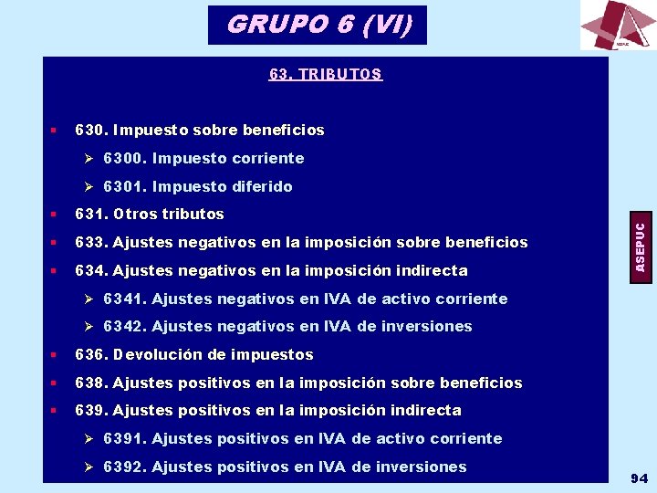 GRUPO 6 (VI) 63. TRIBUTOS § 630. Impuesto sobre beneficios Ø 6300. Impuesto corriente GRUPO 6 (VI) 63. TRIBUTOS § 630. Impuesto sobre beneficios Ø 6300. Impuesto corriente