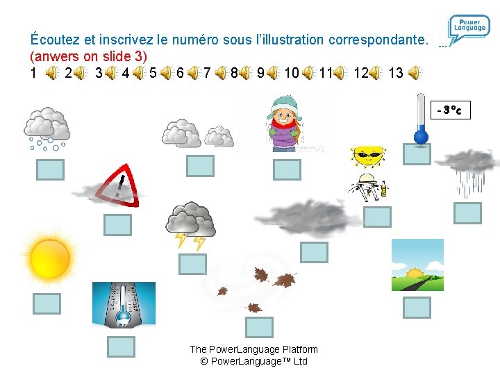 Écoutez et inscrivez le numéro sous l’illustration correspondante. (anwers on slide 3) 1 2