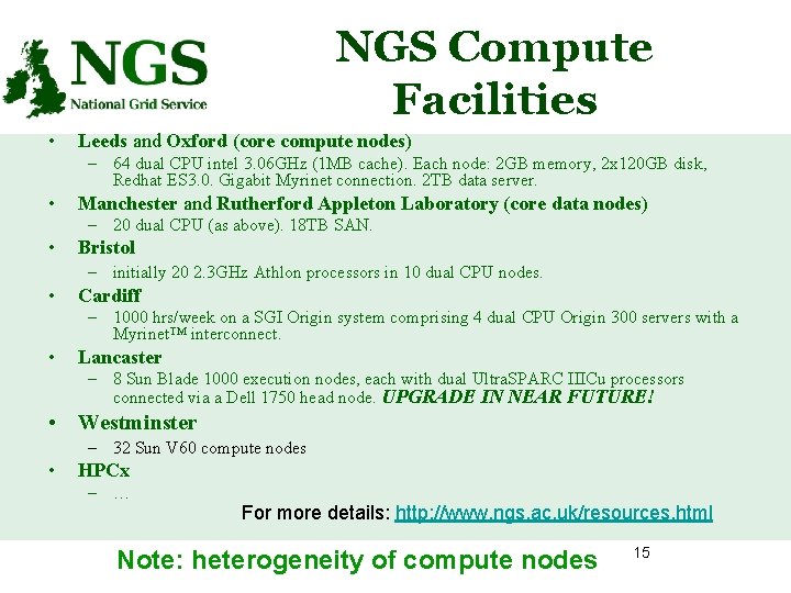 NGS Compute Facilities • Leeds and Oxford (core compute nodes) – 64 dual CPU