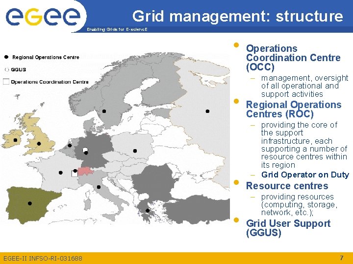 Grid management: structure Enabling Grids for E-scienc. E • • EGEE-II INFSO-RI-031688 Operations Coordination