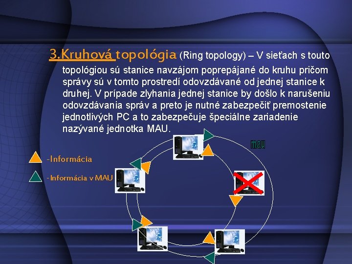 3. Kruhová topológia (Ring topology) – V sieťach s touto topológiou sú stanice navzájom