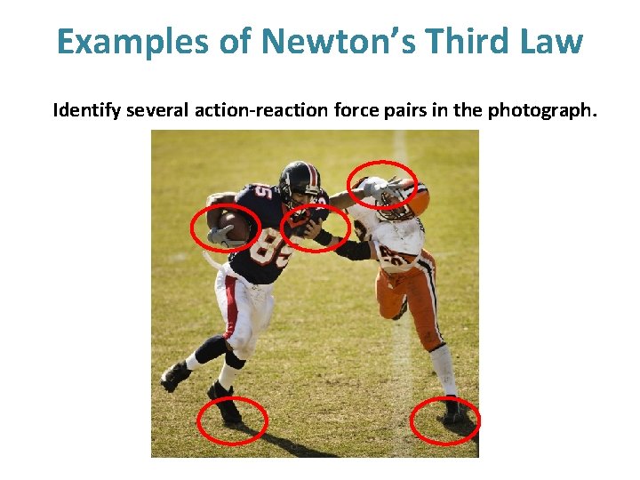 Examples of Newton’s Third Law Identify several action-reaction force pairs in the photograph. 