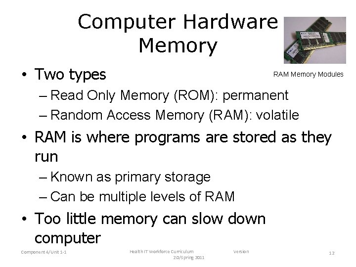 Computer Hardware Memory • Two types RAM Memory Modules – Read Only Memory (ROM):