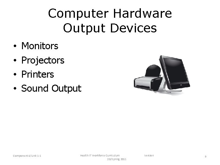 Computer Hardware Output Devices • • Monitors Projectors Printers Sound Output Component 4/Unit 1