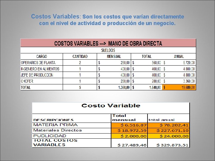 Costos Variables: Son los costos que varían directamente con el nivel de actividad o