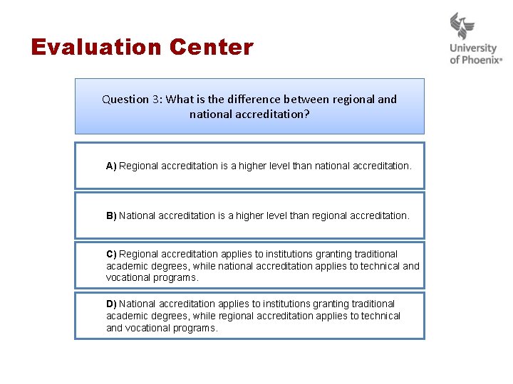 Evaluation Center Question 3: What is the difference between regional and national accreditation? A) Evaluation Center Question 3: What is the difference between regional and national accreditation? A)
