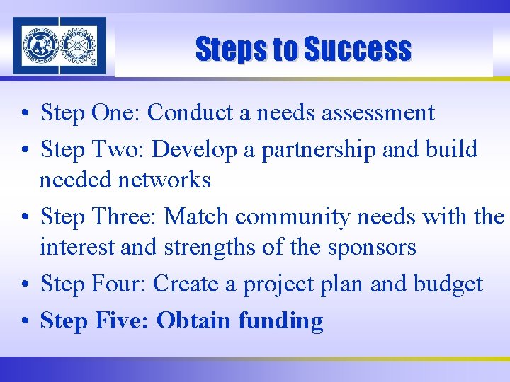 Steps to Success • Step One: Conduct a needs assessment • Step Two: Develop