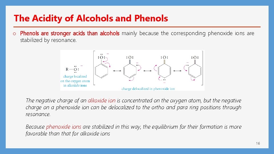 The Acidity of Alcohols and Phenols o Phenols are stronger acids than alcohols mainly