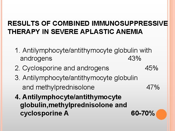 RESULTS OF COMBINED IMMUNOSUPPRESSIVE THERAPY IN SEVERE APLASTIC ANEMIA 1. Antilymphocyte/antithymocyte globulin with androgens