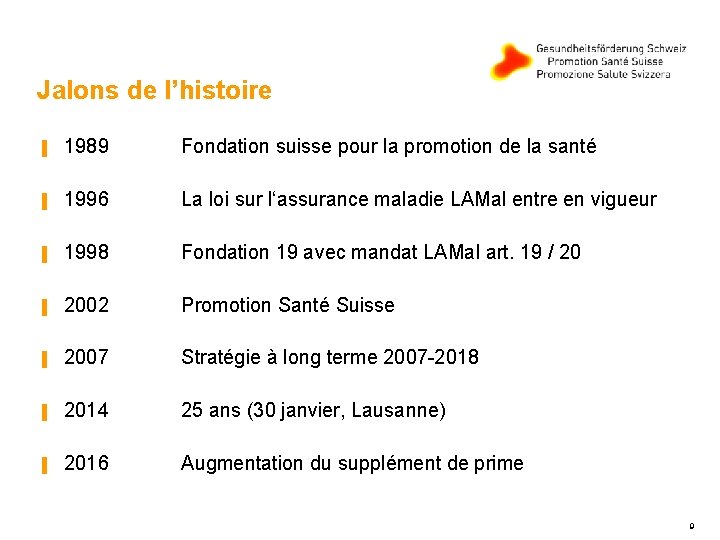 Jalons de l’histoire ▐ 1989 Fondation suisse pour la promotion de la santé ▐