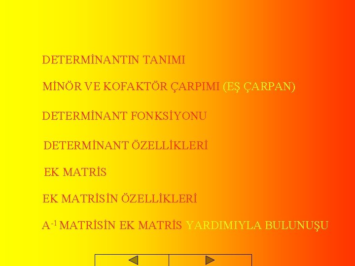 DETERMİNANTIN TANIMI MİNÖR VE KOFAKTÖR ÇARPIMI (EŞ ÇARPAN) DETERMİNANT FONKSİYONU DETERMİNANT ÖZELLİKLERİ EK MATRİSİN