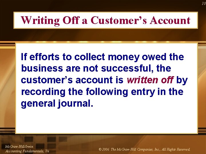 10 Writing Off a Customer’s Account If efforts to collect money owed the business