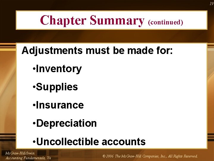 19 Chapter Summary (continued) Adjustments must be made for: • Inventory • Supplies •