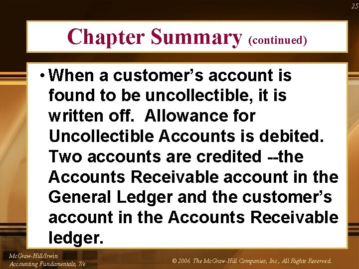 25 Chapter Summary (continued) • When a customer’s account is found to be uncollectible,