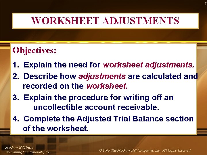 3 WORKSHEET ADJUSTMENTS Objectives: 1. Explain the need for worksheet adjustments. 2. Describe how