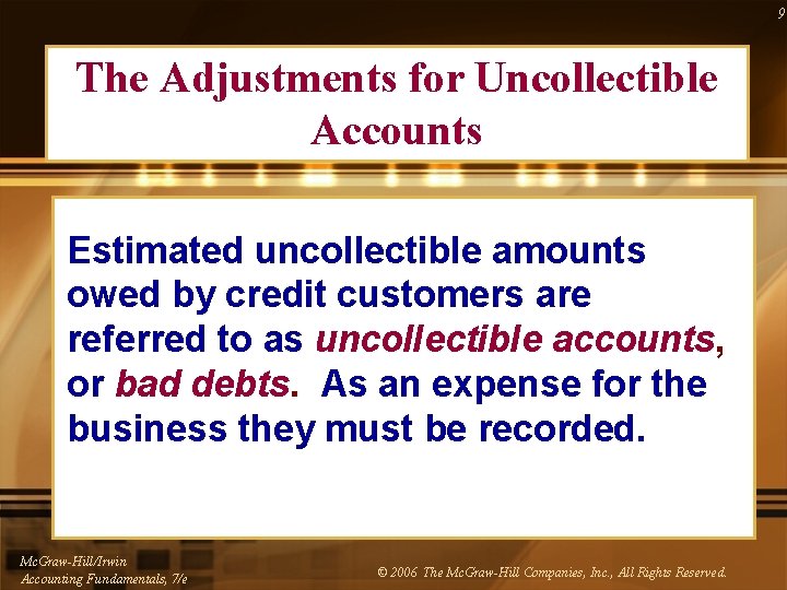 9 The Adjustments for Uncollectible Accounts Estimated uncollectible amounts owed by credit customers are