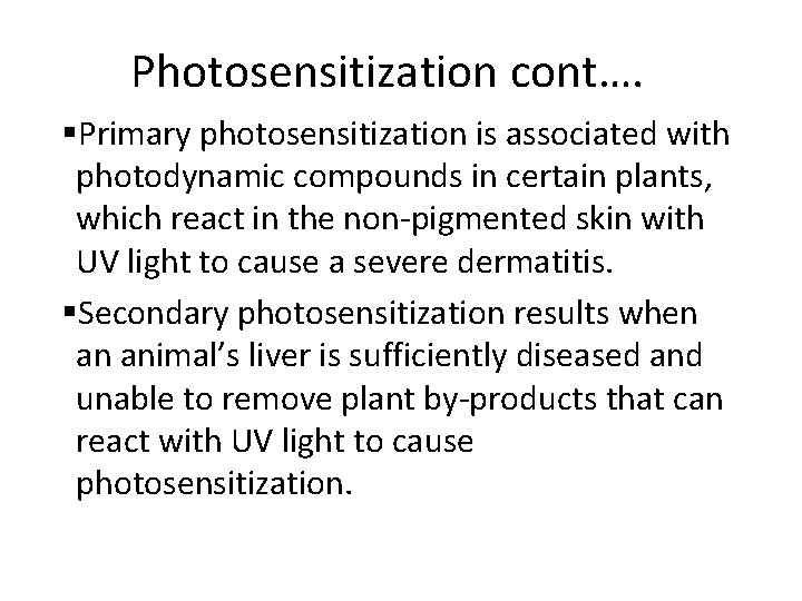 Photosensitization cont…. §Primary photosensitization is associated with photodynamic compounds in certain plants, which react