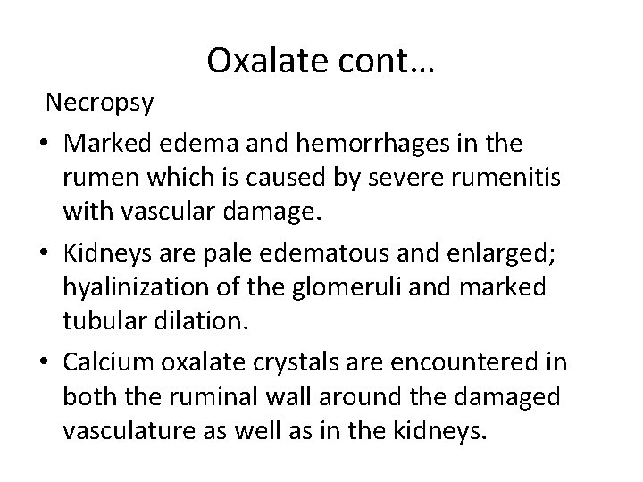 Oxalate cont… Necropsy • Marked edema and hemorrhages in the rumen which is caused
