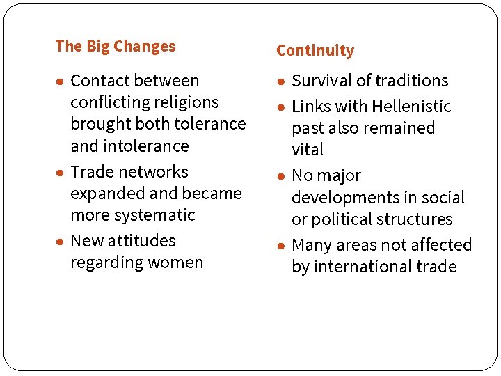 The Big Changes Continuity ● Contact between ● Survival of traditions conflicting religions brought