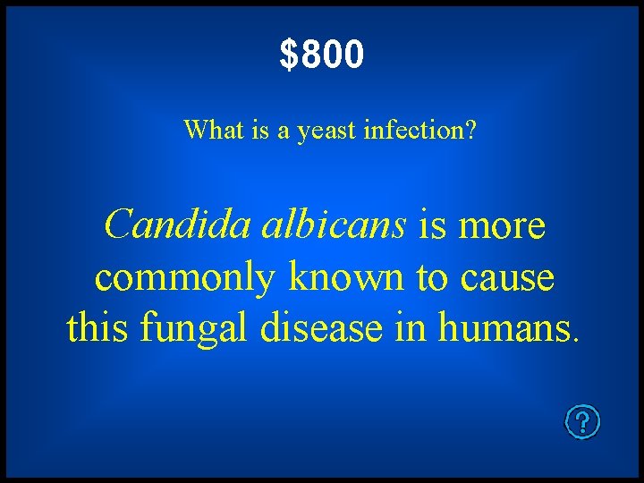 $800 What is a yeast infection? Candida albicans is more commonly known to cause