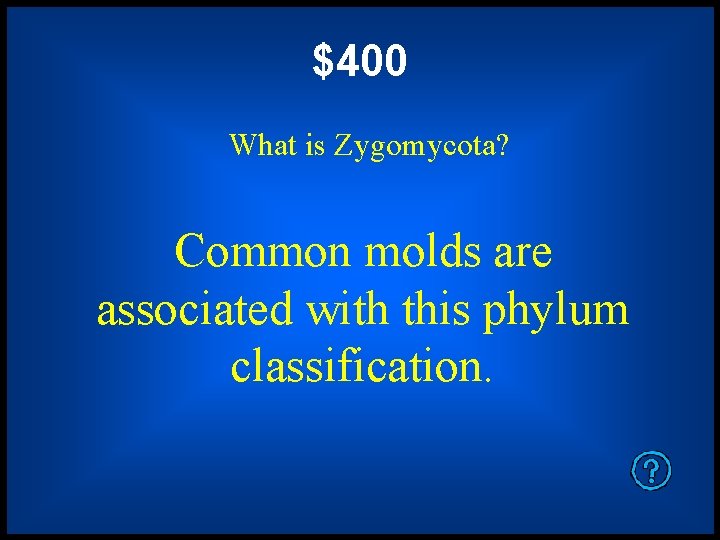 $400 What is Zygomycota? Common molds are associated with this phylum classification. 