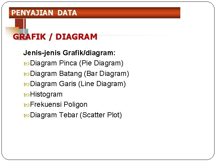 PENYAJIAN DATA GRAFIK / DIAGRAM Jenis-jenis Grafik/diagram: Diagram Pinca (Pie Diagram) Diagram Batang (Bar