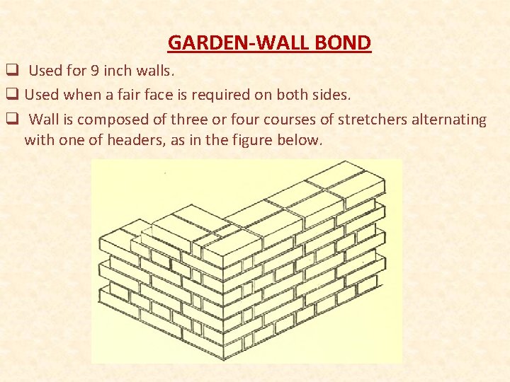 GARDEN-WALL BOND q Used for 9 inch walls. q Used when a fair face