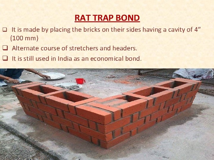 RAT TRAP BOND q It is made by placing the bricks on their sides