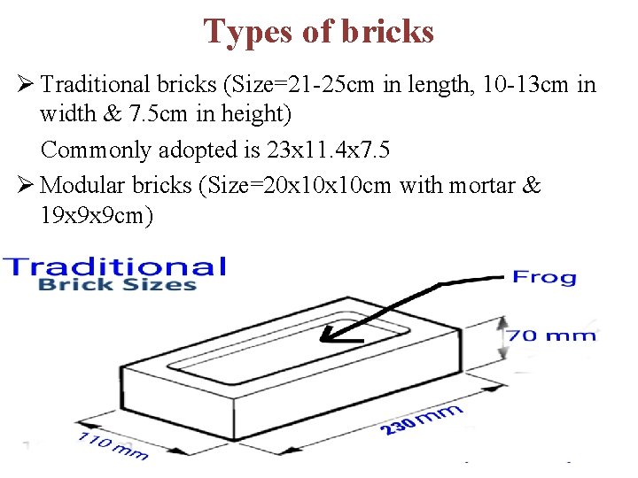 Types of bricks Ø Traditional bricks (Size=21 -25 cm in length, 10 -13 cm