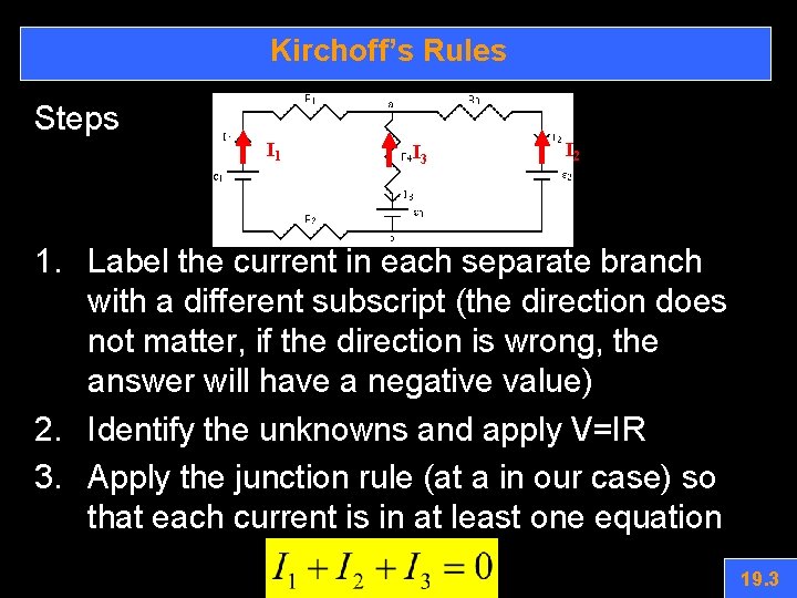 Kirchoff’s Rules Steps I 1 I 3 I 2 1. Label the current in