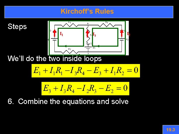 Kirchoff’s Rules Steps I 1 I 3 I 2 We’ll do the two inside