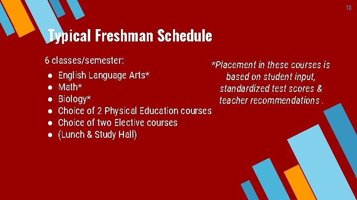 13 Typical Freshman Schedule 6 classes/semester: *Placement in these courses is ● English Language