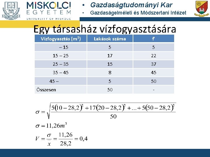  • Gazdaságtudományi Kar • Gazdaságelméleti és Módszertani Intézet Egy társasház vízfogyasztására Vízfogyasztás (m