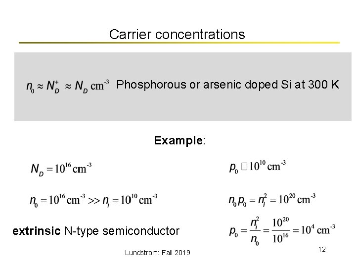 Carrier concentrations Phosphorous or arsenic doped Si at 300 K Example: extrinsic N-type semiconductor