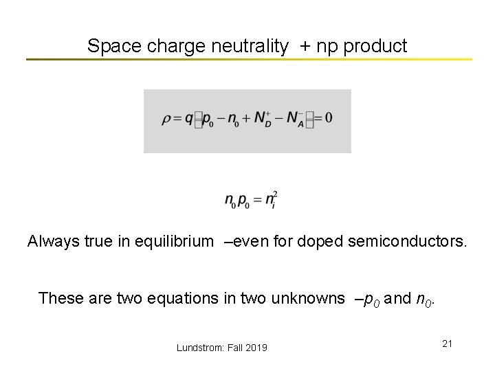 Space charge neutrality + np product Always true in equilibrium –even for doped semiconductors.