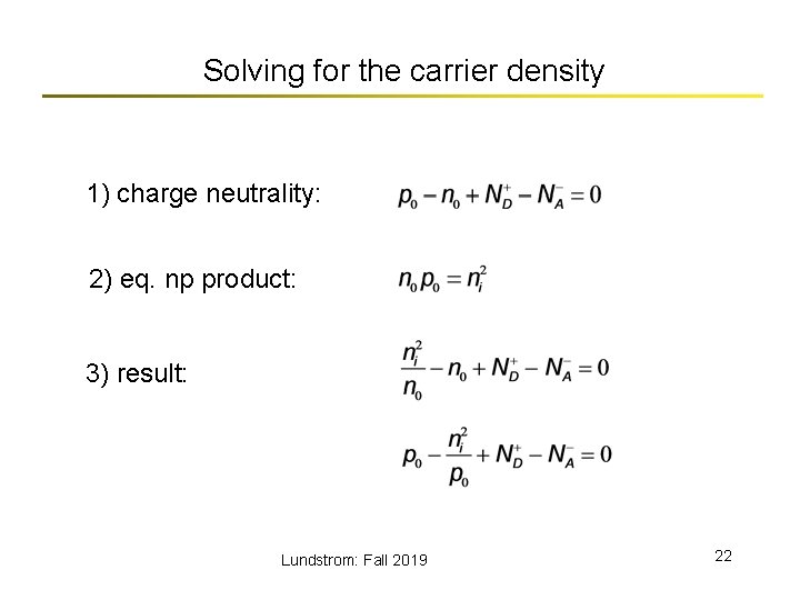 Solving for the carrier density 1) charge neutrality: 2) eq. np product: 3) result: