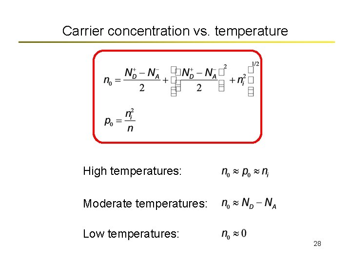 Carrier concentration vs. temperature High temperatures: Moderate temperatures: Low temperatures: 28 