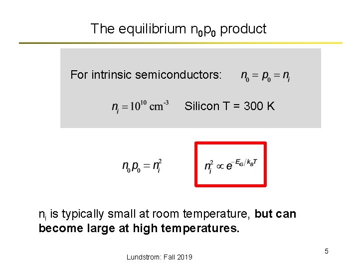 The equilibrium n 0 p 0 product For intrinsic semiconductors: Silicon T = 300