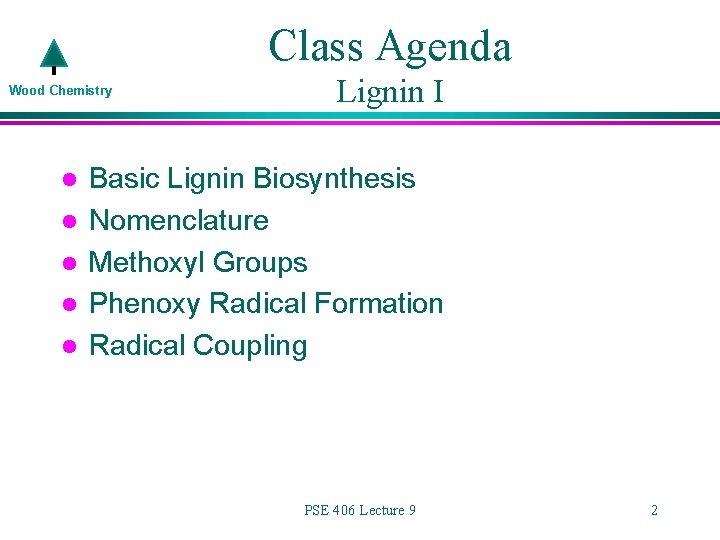 Class Agenda Wood Chemistry l l l Lignin I Basic Lignin Biosynthesis Nomenclature Methoxyl