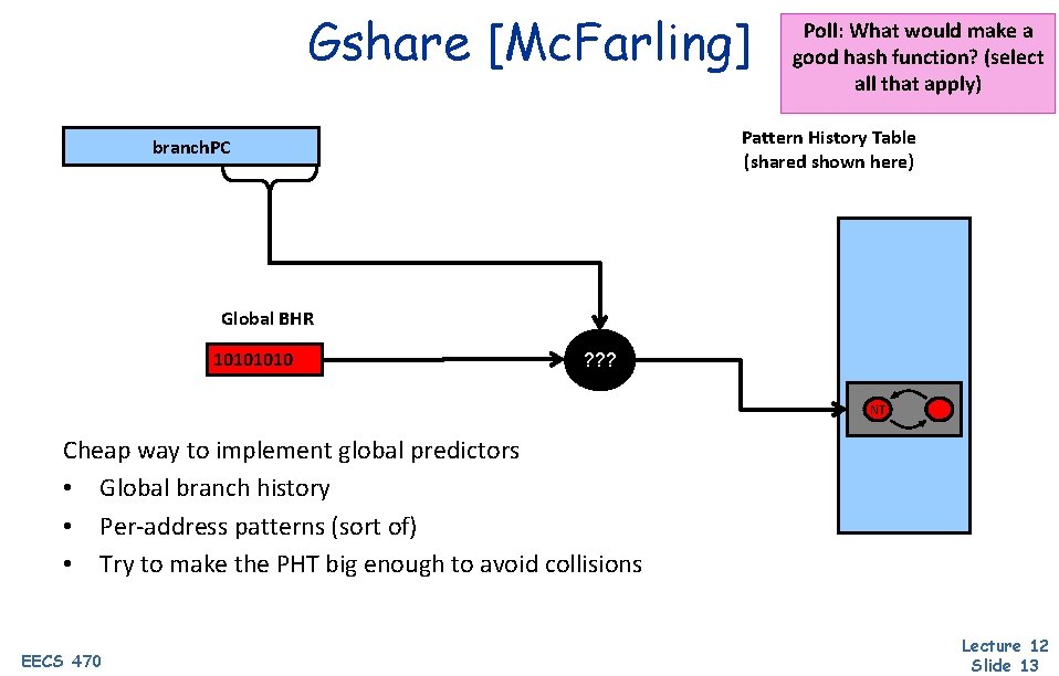 Gshare [Mc. Farling] Poll: What would make a good hash function? (select all that