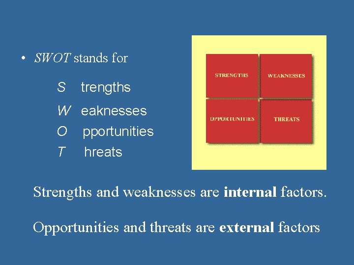  • SWOT stands for S trengths W eaknesses O pportunities T hreats Strengths