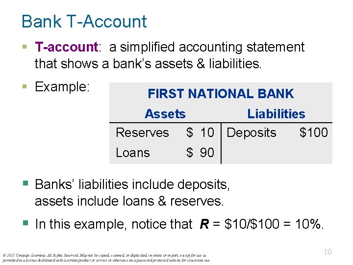 Bank T-Account § T-account: a simplified accounting statement that shows a bank’s assets &