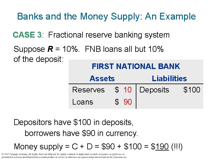 Banks and the Money Supply: An Example CASE 3: Fractional reserve banking system Suppose